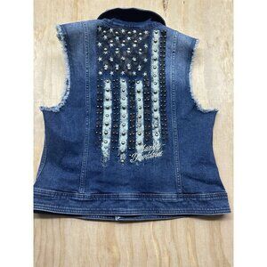 Harley-Davidson Women’s Sz M Flag Studded Distressed Denim Vest Moto Biker